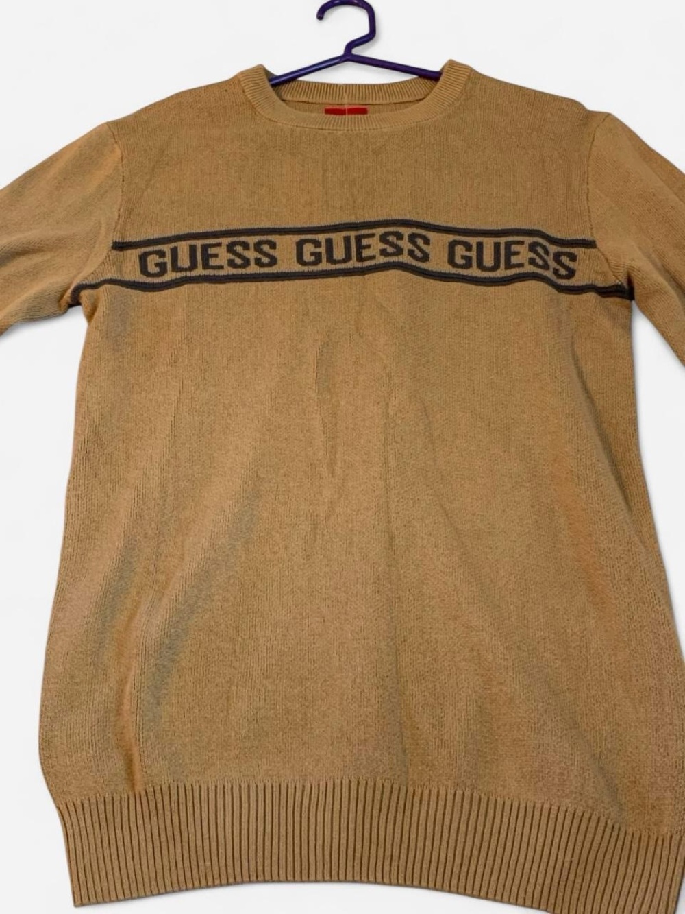 GUESS Camel Crewneck Sweater with Logo Stripe